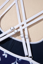 Blue Crossed Back Floral Print Asymmetric Knot Side One Piece Swimsuit