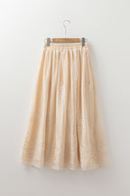 Oatmeal Embroidered Mesh Overlay Flowy Long Skirt