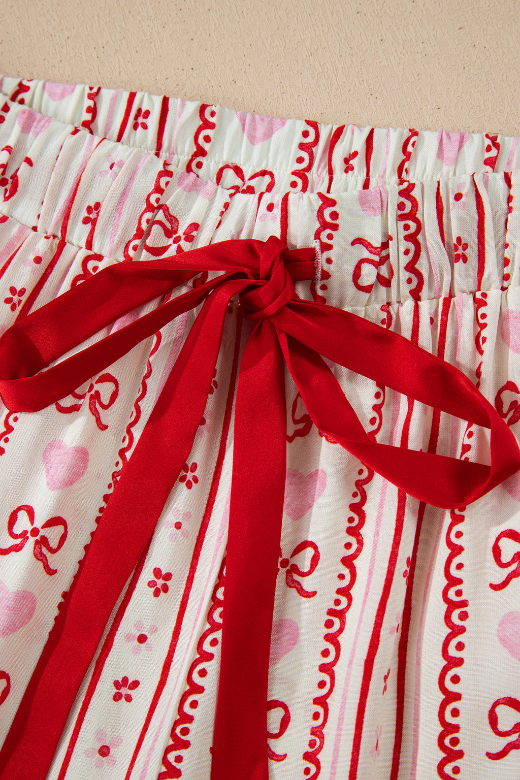 Red Sweet Floral Heart Bow Print Contrast Trim Long Sleeve Shirt Pyjama Short Set