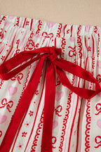 Red Sweet Floral Heart Bow Print Contrast Trim Long Sleeve Shirt Pyjama Short Set