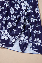 Blue Crossed Back Floral Print Asymmetric Knot Side One Piece Swimsuit