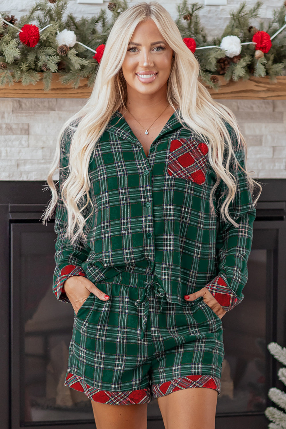 Plaid Contrast Patched Christmas Holiday Long Sleeve Shirt and Short 2pcs Pajama Set