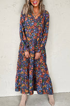 Blue Floral Print Tassel Tie V Neck Long Sleeve Flowy Long Dress
