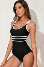 Dark Blue Contrast Trim Colorblock U Neck One Piece Swimwear