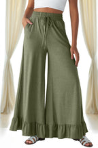 Jungle Green Ruffled Wide Leg Pull On High Waist Pants with Pockets