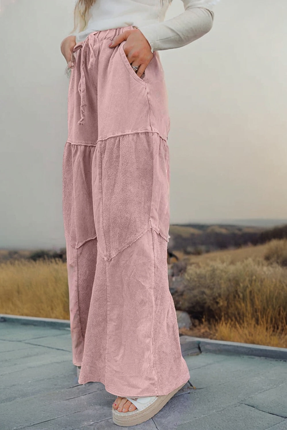 Vineyard Green Mineral Wash Tiered Wide Leg Patchwork Drawstring Pants