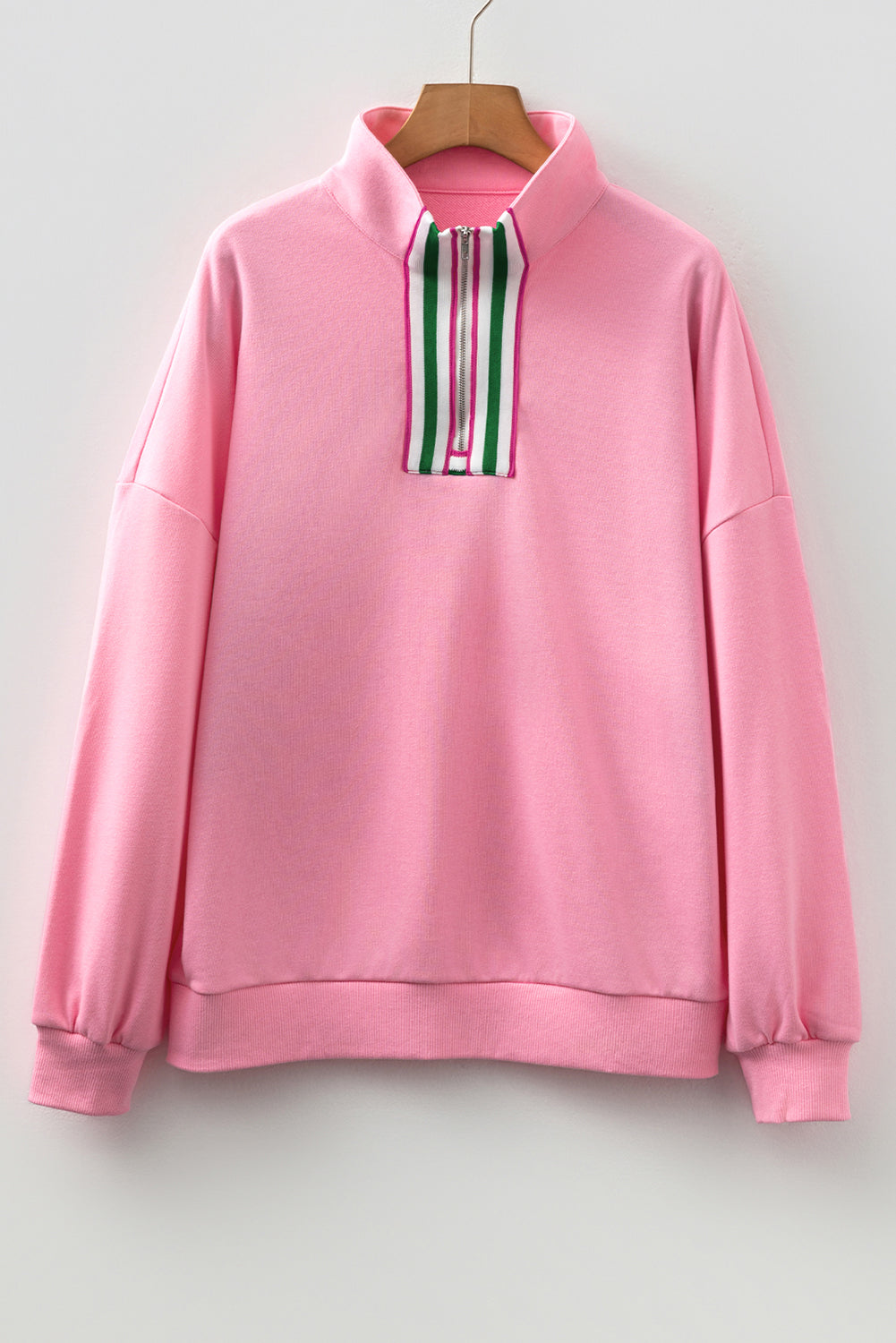 Contrast Striped Patchwork Zip Collar Pullover Sweatshirt