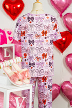Pink Diverse Bows Buttons Printed Contrast Trim Short Sleeve Shirt Pajama Pant Set