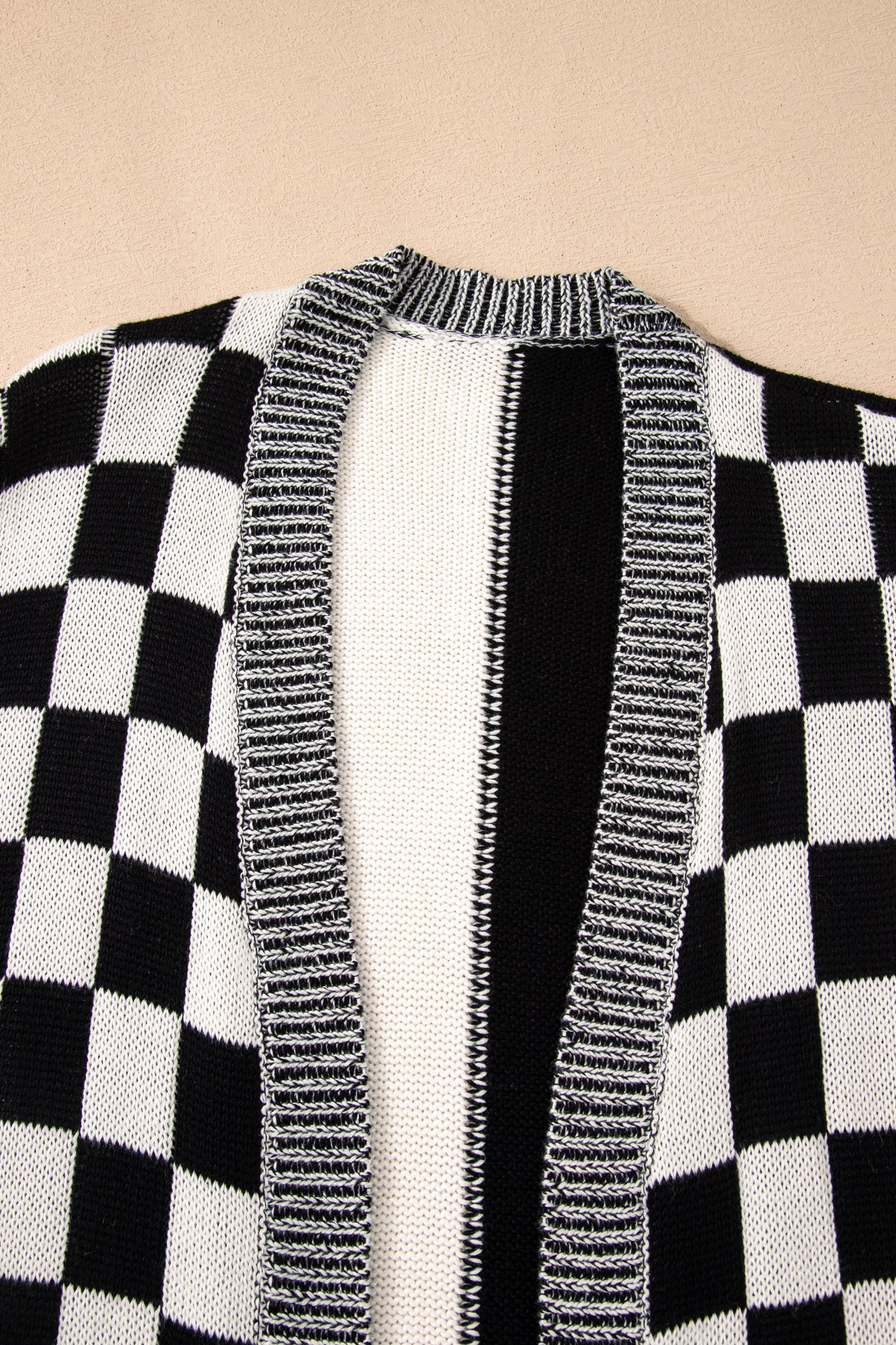 Black Checkered Bubble Sleeve Drop Shoulder Open Plus Size Cardigan