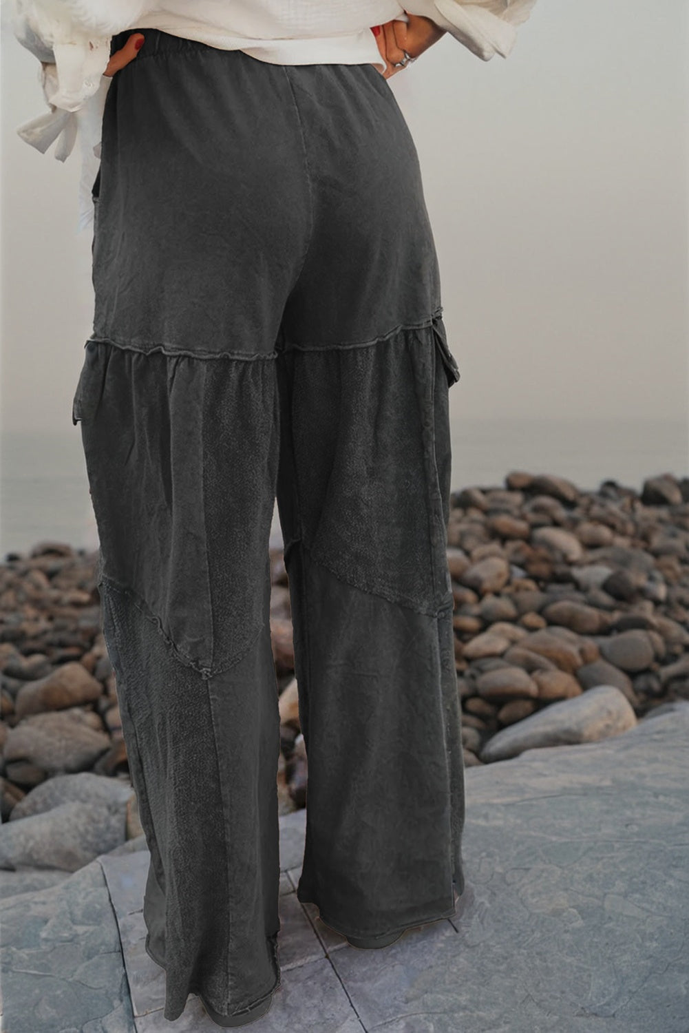 Vineyard Green Mineral Wash Tiered Wide Leg Patchwork Drawstring Pants