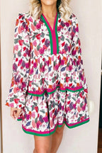 Purple Floral Print Contrast Striped Detail Long Sleeve Mini Dress