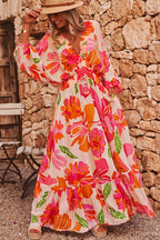 Beige Floral Print Smocked Detail V Neck Puff Sleeve Flowy Maxi Dress