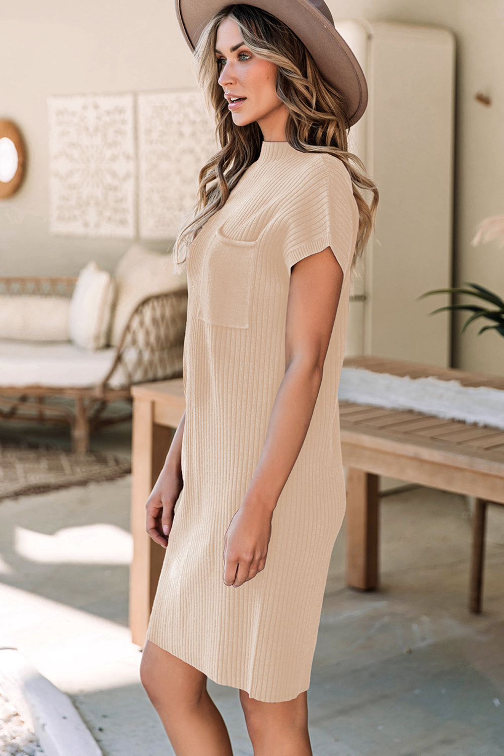Patch Pocket Ribbed Knit Short Sleeve Sweater Dress