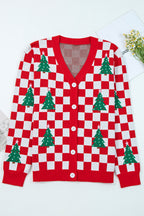 Checkered Christmas Tree Pattern Button V Neck Cardigan Sweater
