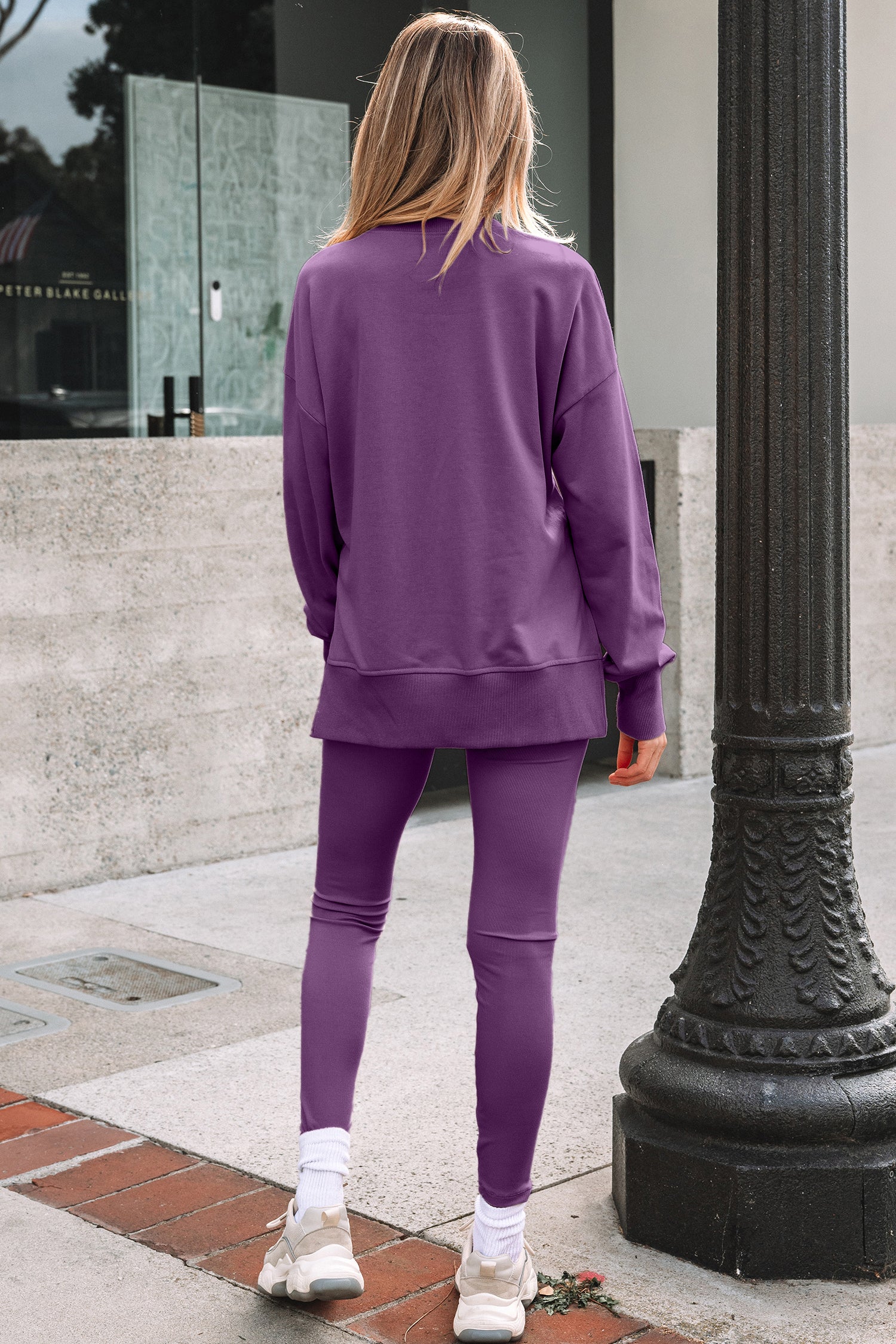 Solid Color Oversize Slit Sweatshirt Ribbed Leggings 2pcs Set