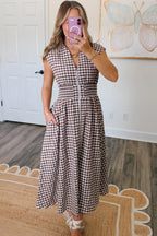 Coffee Plaid Print Full Zipper Cinched Waist Fit Flare Sleeveless Maxi Dress