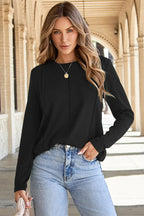 Black Solid Exposed Seam Crew Neck Long Sleeve Top