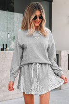 Light Grey Lace Patchwork Drop Shoulder Pullover Drawstring Skort 2pcs Outfit