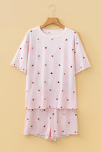 Light Pink Valentine Heart Shape Print Ribbed Knit Short Lounge Set