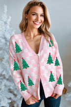 Checkered Christmas Tree Pattern Button V Neck Cardigan Sweater