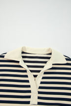 Blue Stripe Collared V Neck Long Sleeve Casual Top