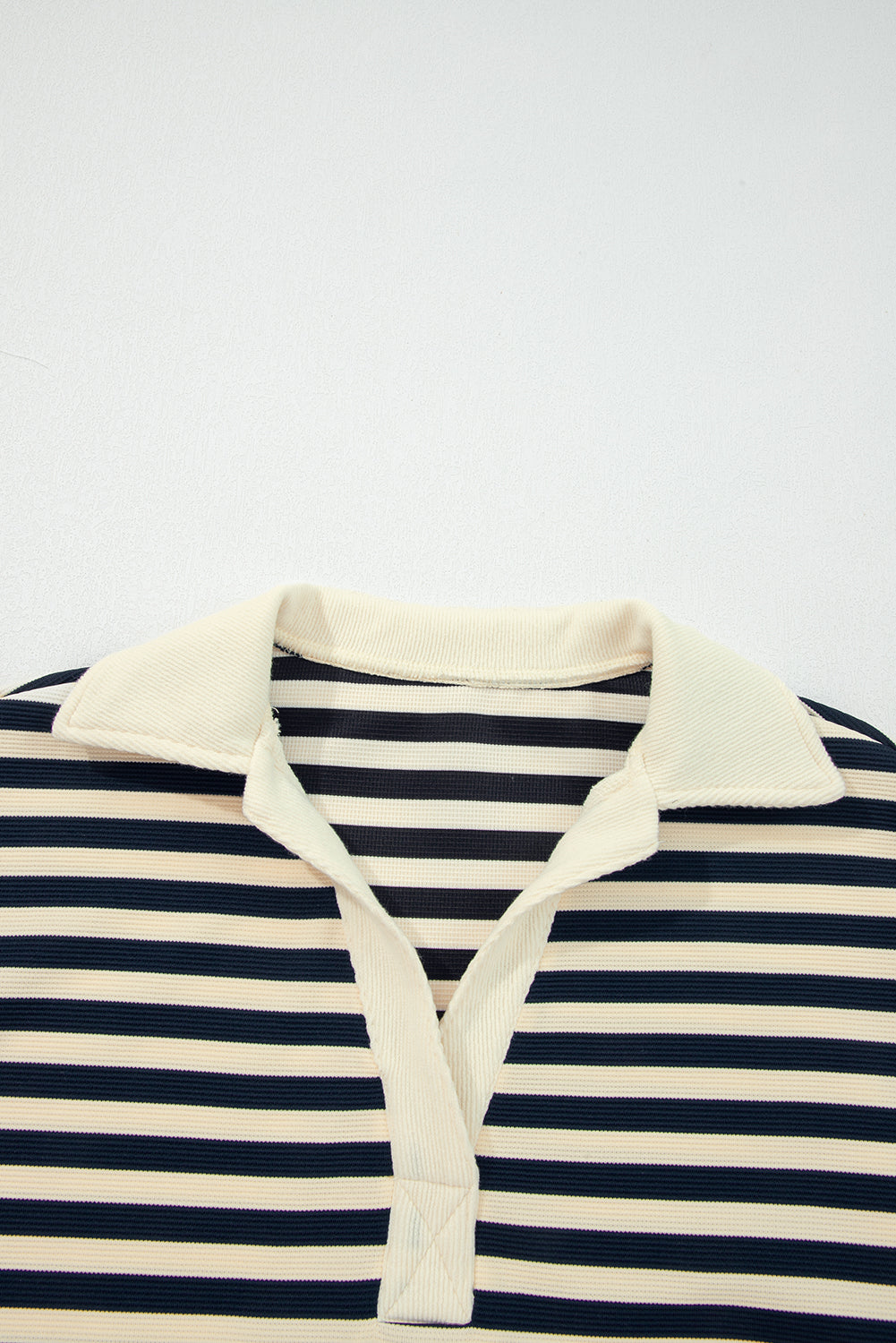 Blue Stripe Collared V Neck Long Sleeve Casual Top