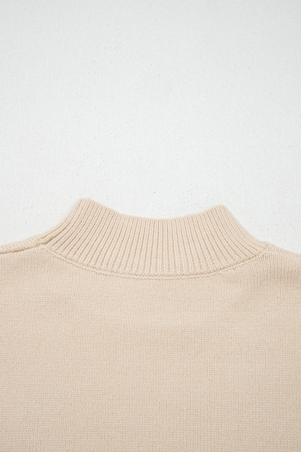 Parchment Corded Horseshoes Ribbed Trim Mock Neck Short Sleeve Sweater