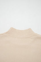 Parchment Corded Horseshoes Ribbed Trim Mock Neck Short Sleeve Sweater