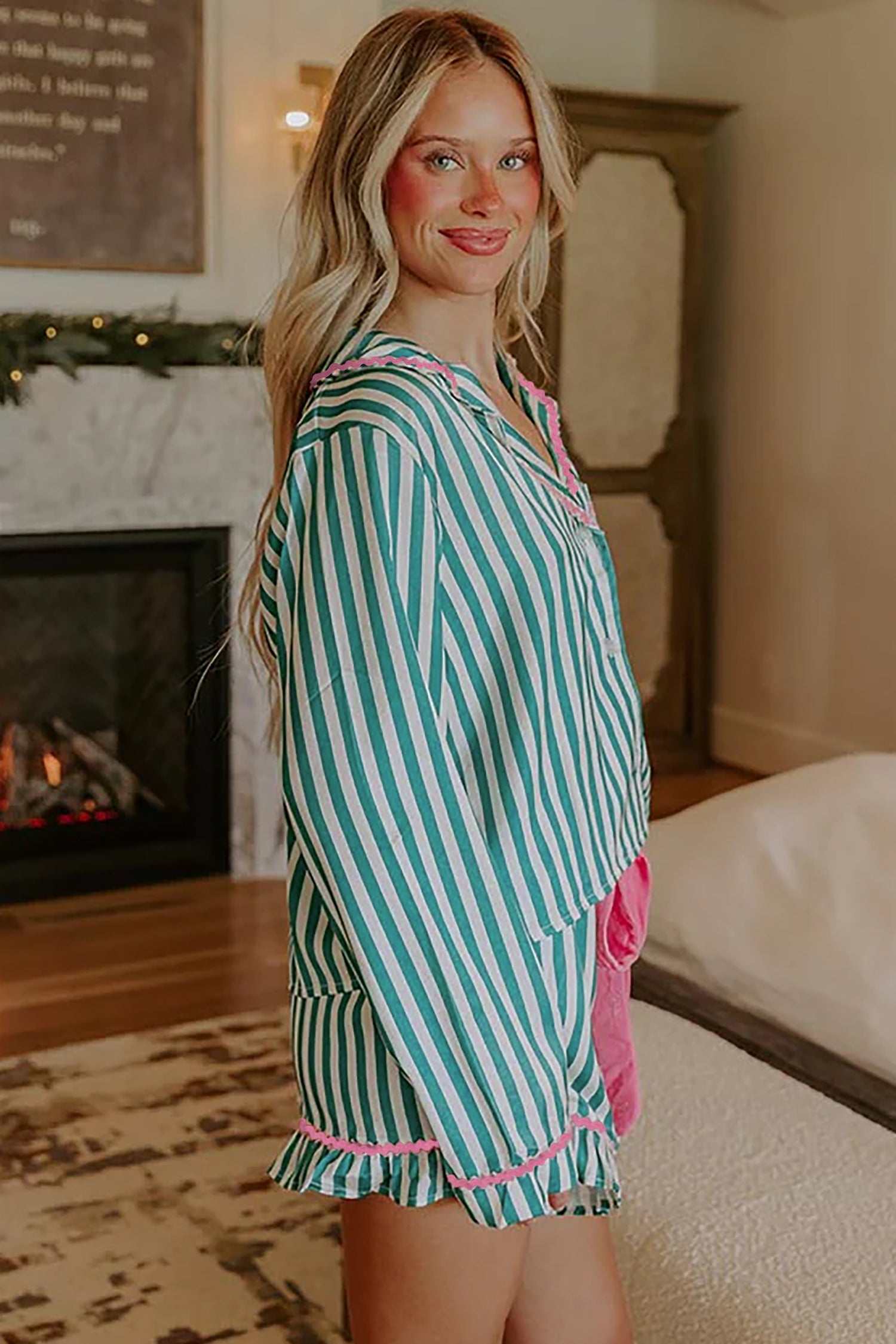 Green Stripe Contrast Ricrac Trim Long Sleeve Shirt Drawstring Ruffled Pyjama Short Set
