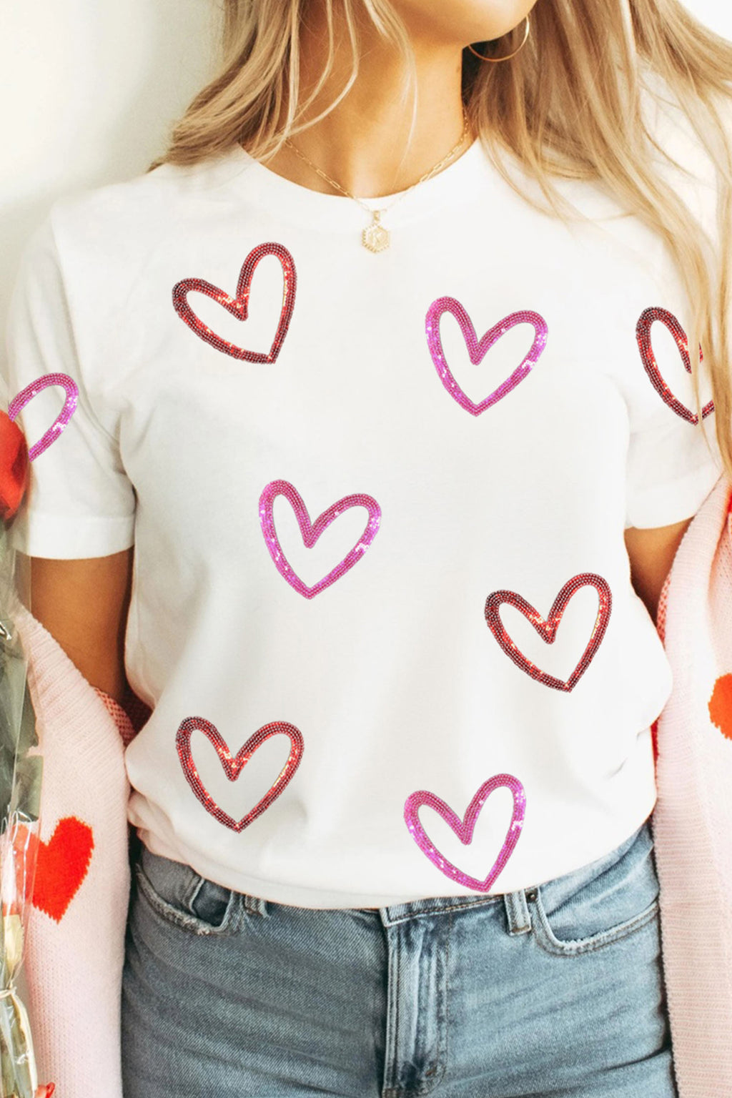 White Sequin Heart Sketch Graphic Womens Casual Tee