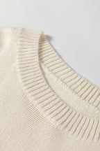 Beige Embroidered Floral Sleeve Round Neck Loose Sweater