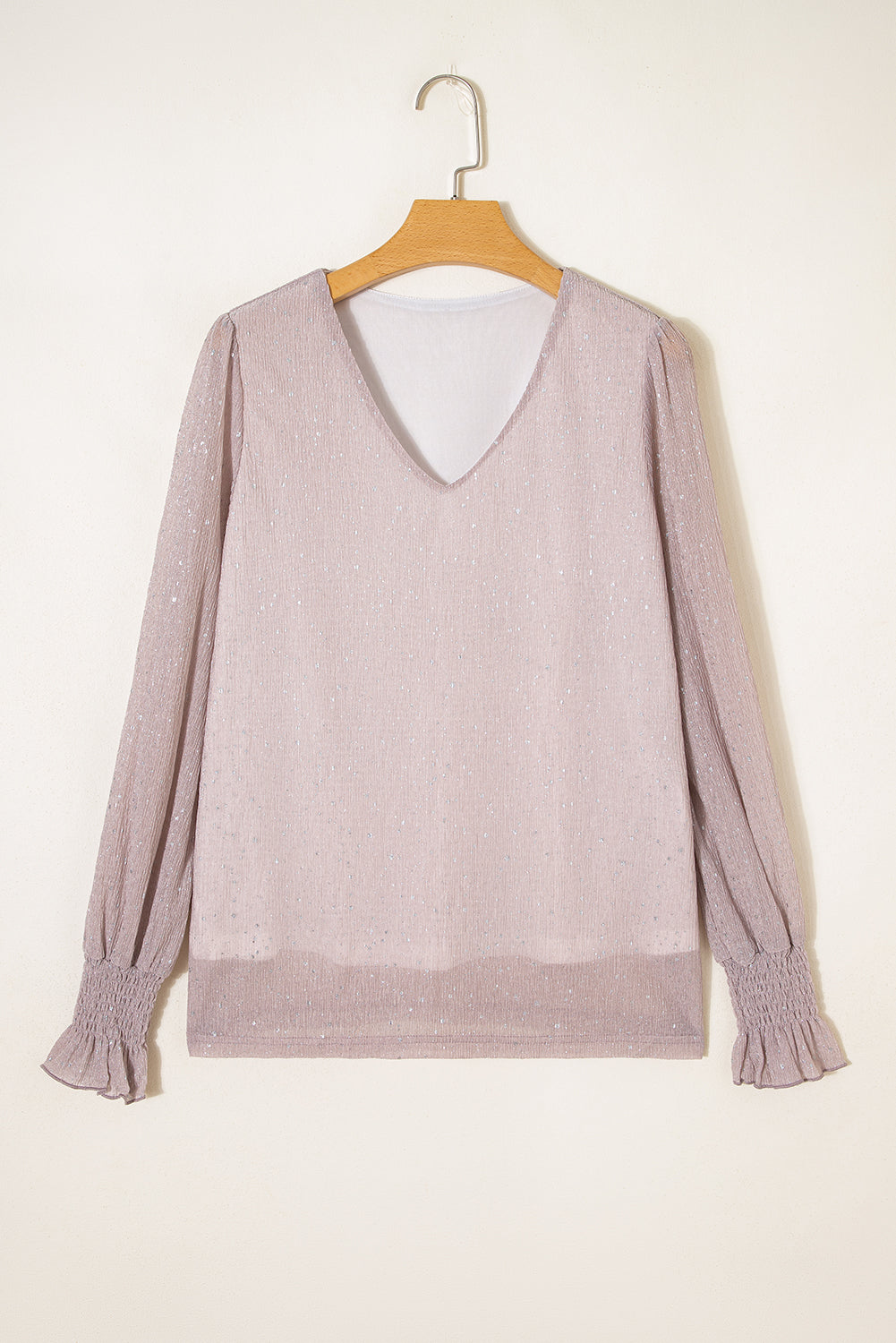 Light Pink V Neck Sequin Plisse Long Sleeve Blouse