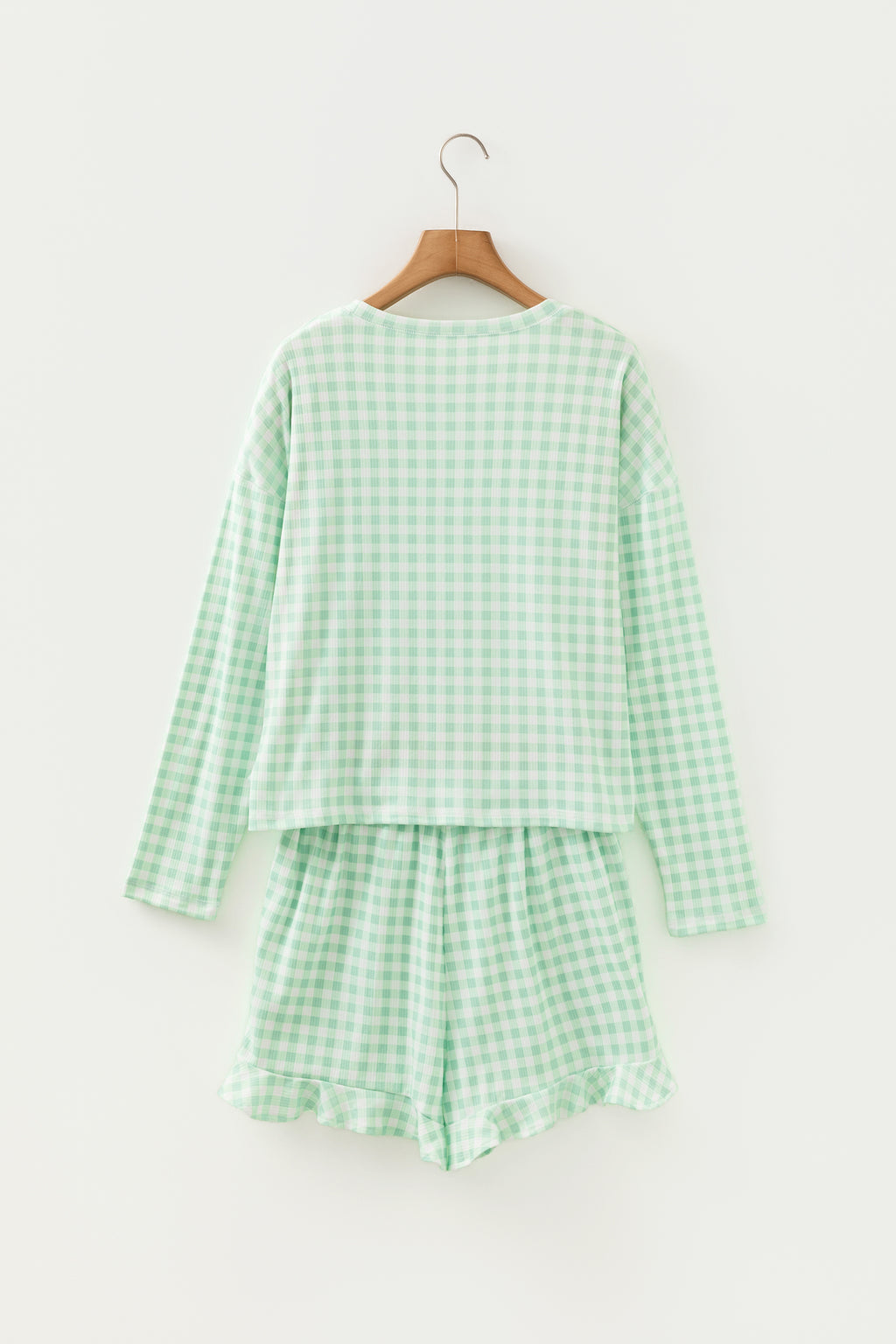 Green Gingham Long Sleeve Loose Top Drawstring Shorts 2pcs Lounge Set