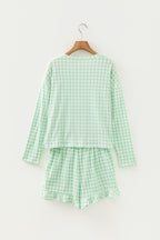 Green Gingham Long Sleeve Loose Top Drawstring Shorts 2pcs Lounge Set