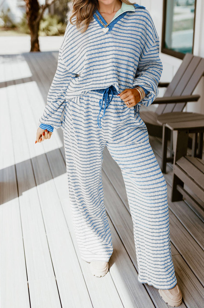 Sky Blue Stripe Collared Pullover Top and Drawstring Pant Set