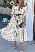 White Polka Dot Printed Contrast Scalloped Trim Shirt Collar Button Down Belted Midi Dress