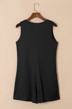 Black Waffle Sleeveless U Neck Buttons Romper With Pockets