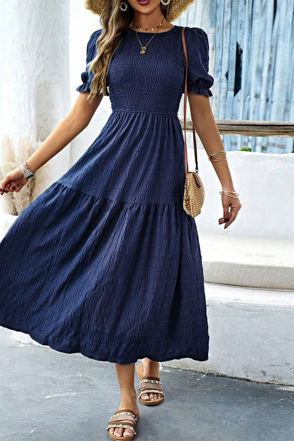 Dark Green Solid Textured Smocked Puff Short Sleeve High Waist Long Dress