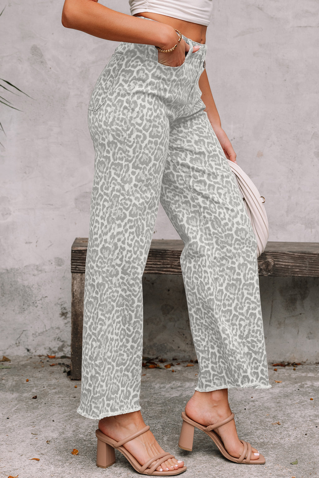 Leopard Frayed Edge Wide Leg High Waist Jeans