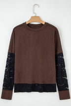 Dark Brown Sheer Lace Patchwork Casual Long Sleeve Tee