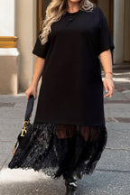 Black Plus Size Lace Hem Patchwork T Shirt Midi Dress