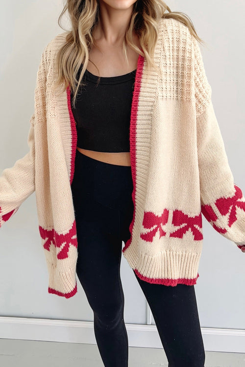 Apricot Bow Pattern Textured Open Front Baggy Cardigan