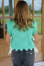 Mint Green Pointelle Knit Patterned Scalloped Trim Short Sleeve Sweater