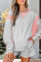 Light Grey Color Block Raw Hem Pullover and Casual Shorts Set