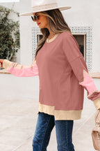 Rose Pink Contrast Star Patchwork Exposed Seam Uneven Hem Drop Shoulder Sweatshirt