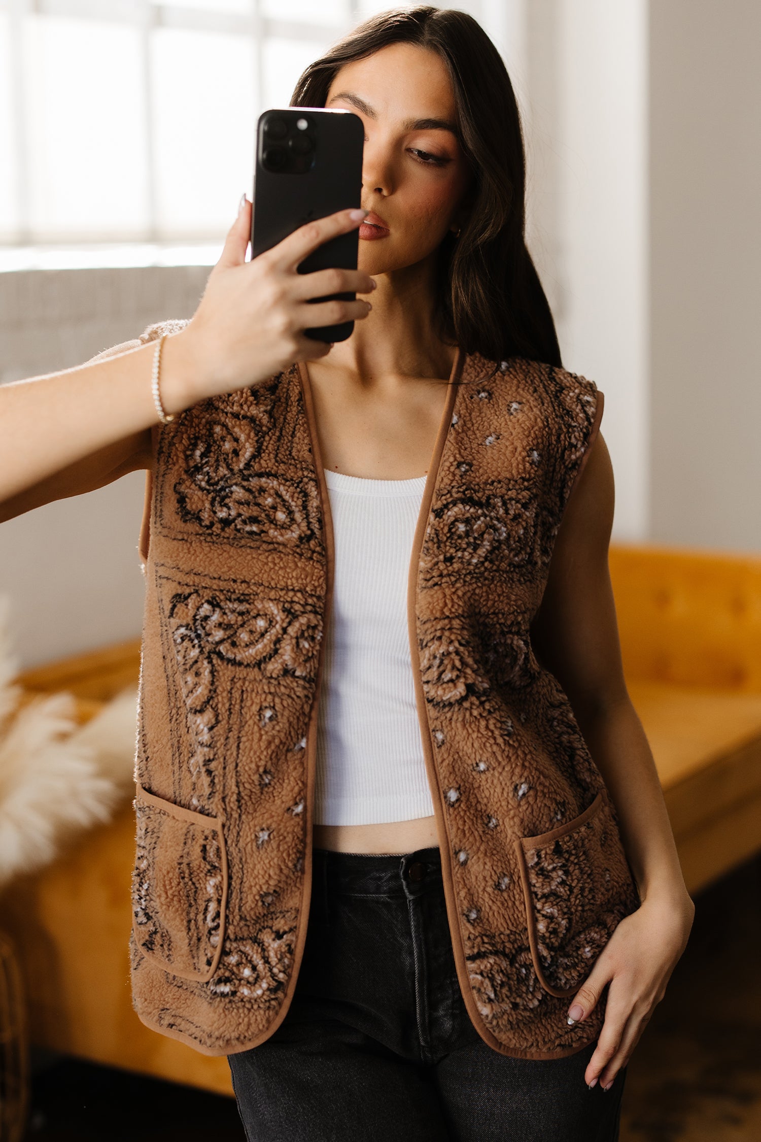 Sherpa Paisley Print Pocketed Western Fashion Vest Jacket