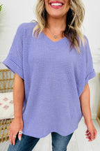 Wisteria Waffle V Neck Short Sleeve Knit Top