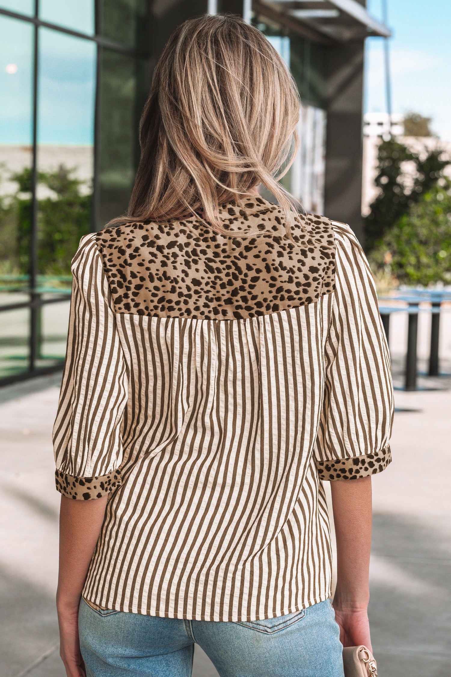 Leopard Trim V Neck Button Down Half Sleeve Shirt