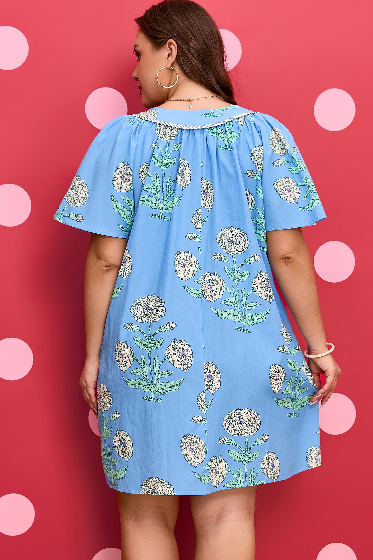 Sky Blue Plus Periwinkle Floral Printed Short Sleeve Striped Trim Split Neck Mini Dress