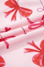 Red Romantic Bow Print Loose Tee Drawstring Shorts 2pcs Lounge Set